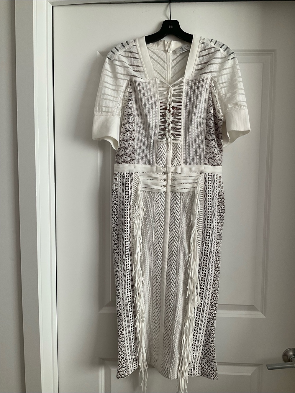 Byron Lars White Lace Fringe Midi Dress